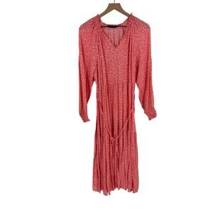 M&S Collection Coral Midi Dress Long Sleeve Tie Waist Boho Casual Size US 12